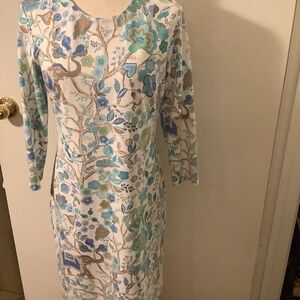 J.McLaughlin -floral print, sheath dress with round neck  & 3/4 sleeves size M.
